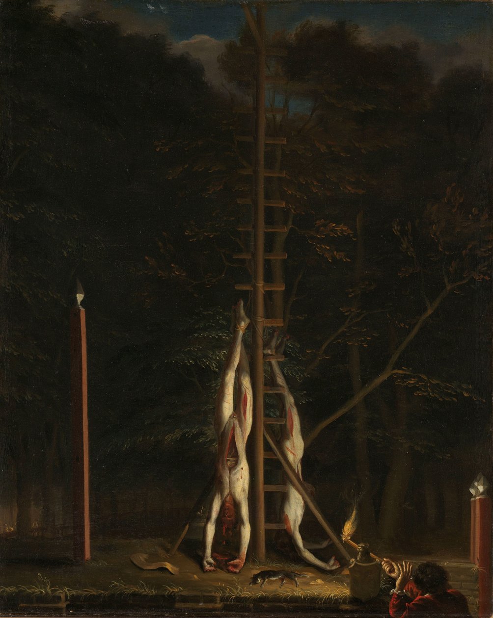 A De Witt testvérek holttestei A de Witt testvérek, Jan és Cornelis holttestei, a Vijverbergi Groene Zoodje-n lógva, Hága, 1672 alkotó: Jan de Baen (attributed to)