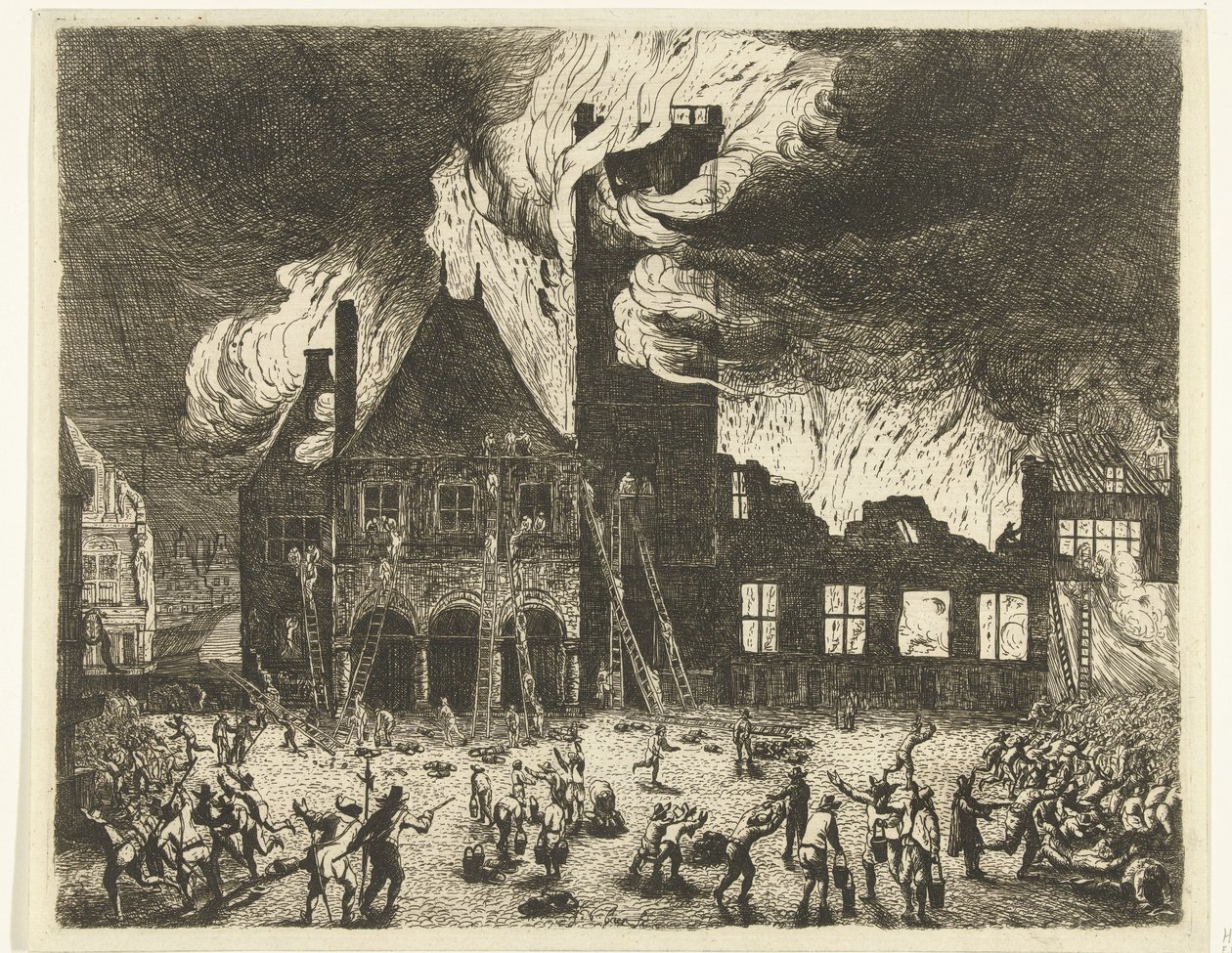 A tűz Amszterdam régi városházában, 1652 Az 1652. július 7-én Amszterdamban leégett régi Stadthuyok ábrázolása alkotó: Jan de Baen