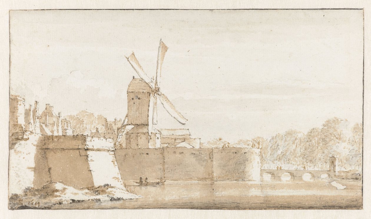 Kilátás Rembrandt szélmalmára, a Morspoort sáncaira és a Pelikán erődre alkotó: Jan de Bisschop
