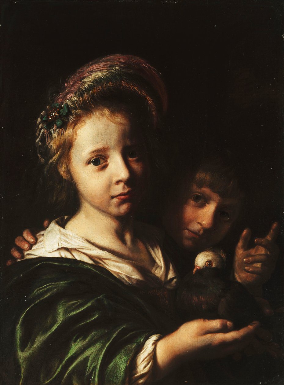 Egy galambot tartó lány és egy fiú integet, 1652 alkotó: Jan de Bray