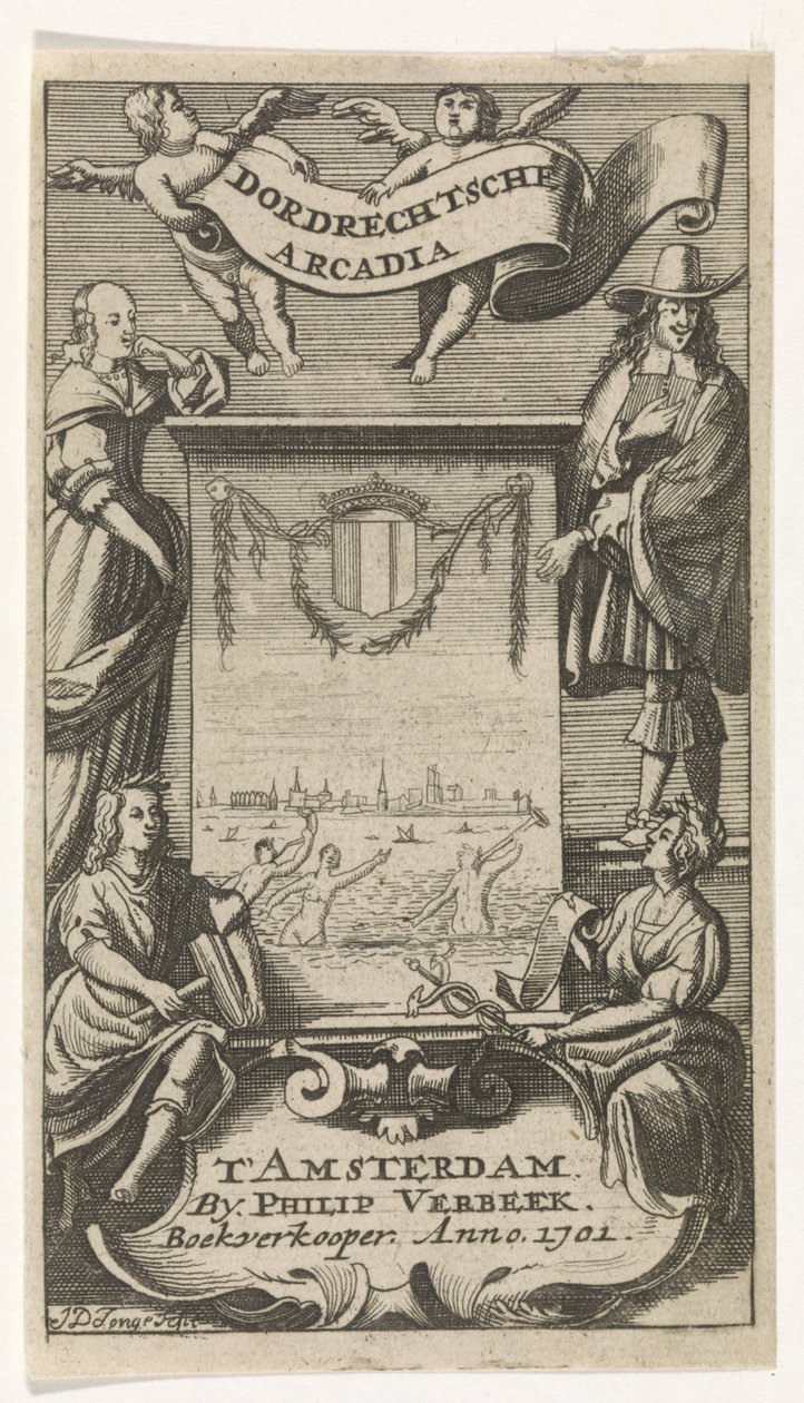 Négy figura egy keret körül, kilátással Dordrechtre Címlap ehhez: Dordrechtsche Arcadia, 1701 alkotó: Jan de Jonge
