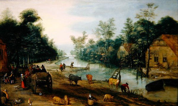 Nyári erdős folyó táj fogadóba érkező utazókkal (olaj a panelen) alkotó: Jan the Elder (circle of) Brueghel
