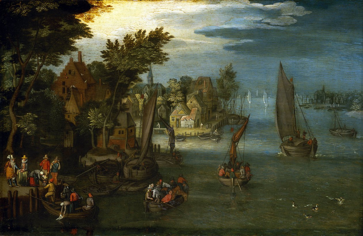A folyó élénk partja, holland hajókkal és az átkelésre szolgáló siklóhajóra beszálló utasokkal alkotó: Jan the Elder (circle of) Brueghel
