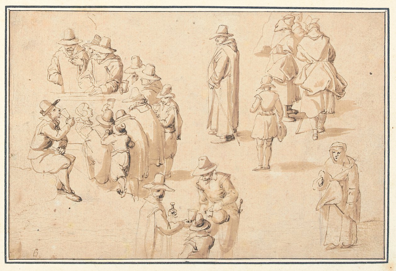 Egy szökőkút a fürdőben, ahol elegáns alakok, valamint két szerzetes és egy papot tanulmányoznak alkotó: Jan the Elder Brueghel