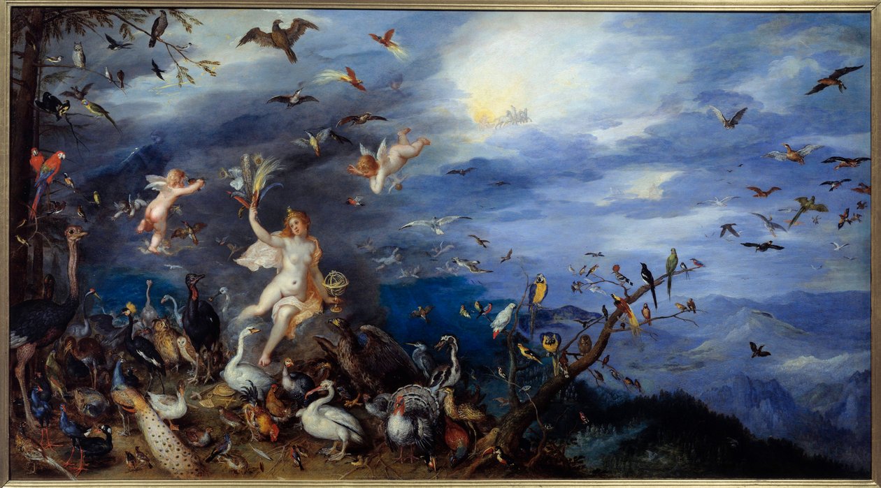 A levegő allegóriája Fiatal meztelen nő minden madárfajjal körülvéve. Jan Brueghel festménye Le Vieux Brueghel de Velours-nak (Brueghel vagy Brueghel) alkotó: Jan the Elder Brueghel