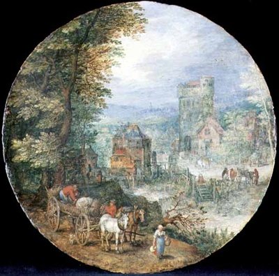 Kiterjedt erdős táj várossal, malommal és parasztokkal alkotó: Jan the Elder Brueghel