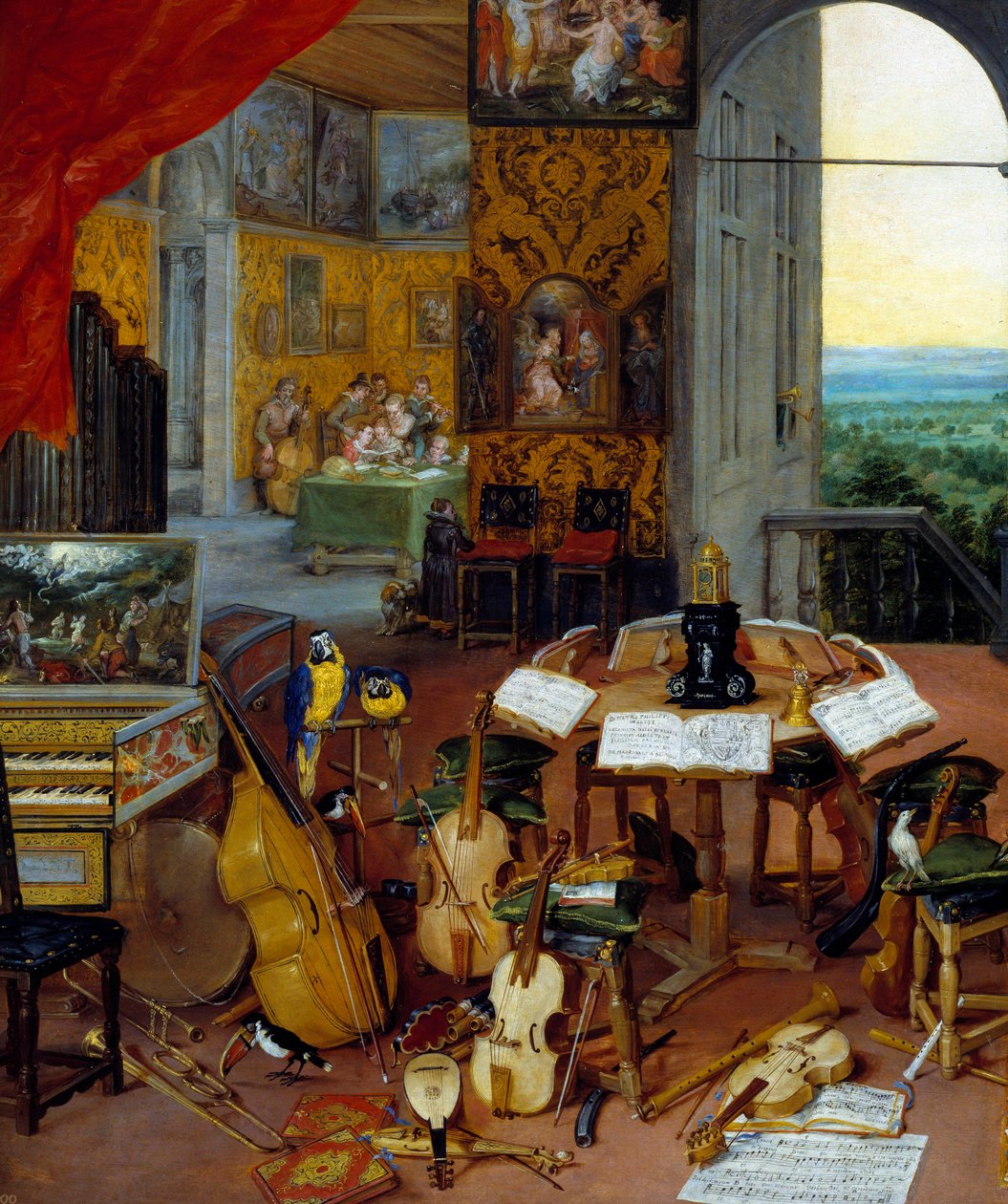 Hangszereket (cselló, hegedű, lant, furulya, csembaló) ábrázoló részletes hallás. Jan Brueghel festménye Le Vieux Brueghel de Velours-nak (Brueghel vagy Brueghel) alkotó: Jan the Elder Brueghel
