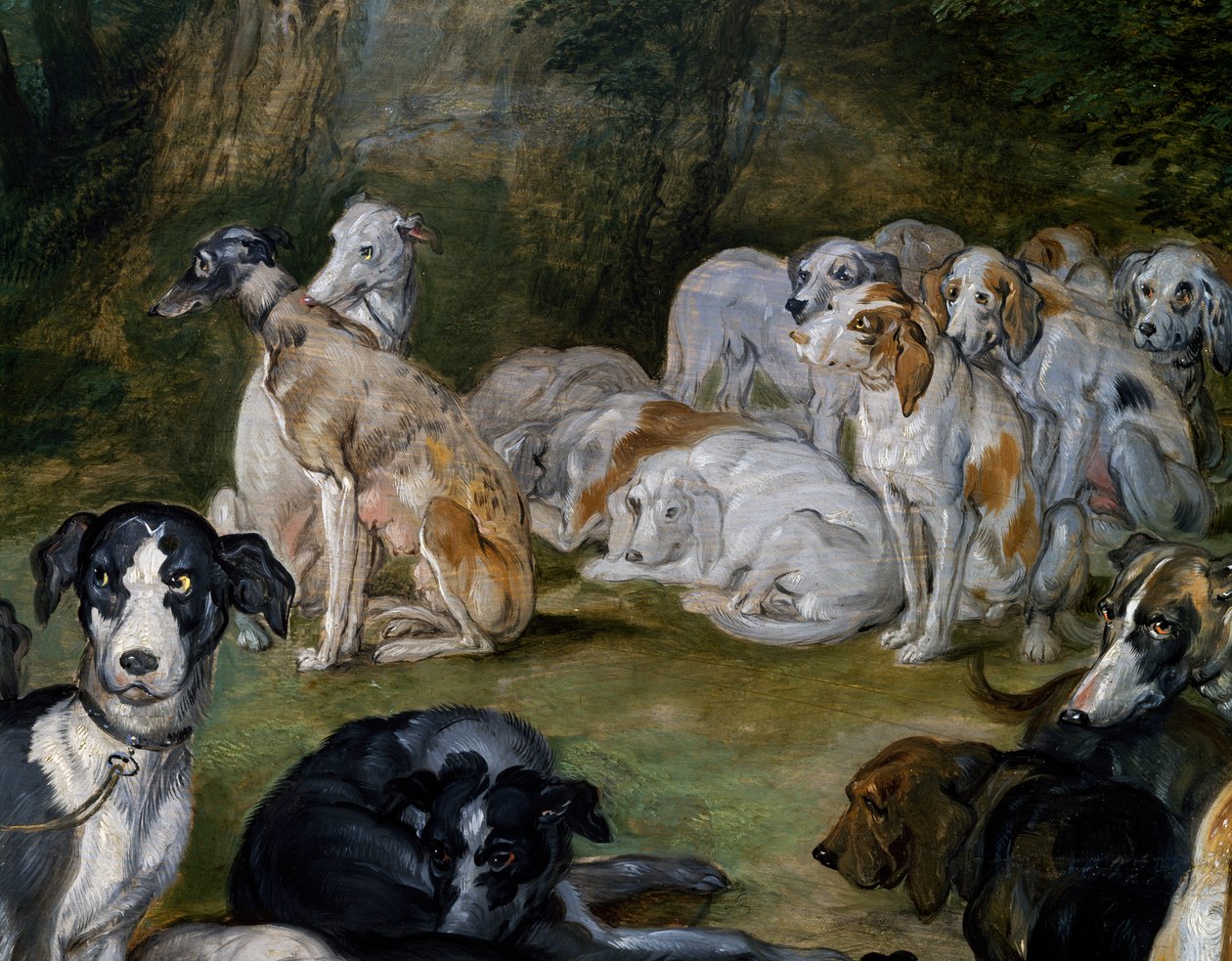 Kutyák, részlet Dianától és Nimfáktól a távozáskor alkotó: Jan the Elder Brueghel