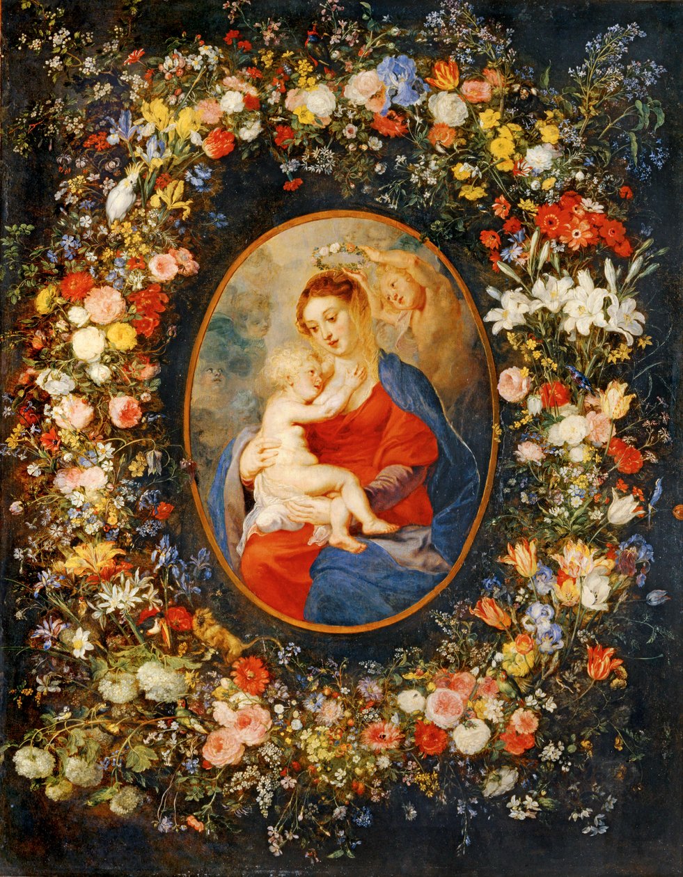 A Szűzanya, a gyermek Jézus és angyalok egy virágfüzér közepén. Rubens medalion ... alkotó: Jan the Elder Brueghel