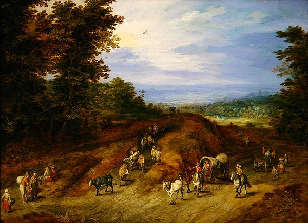 Táj parasztokkal, szekerekkel és állatokkal (olaj, réz) alkotó: Jan the Elder Brueghel