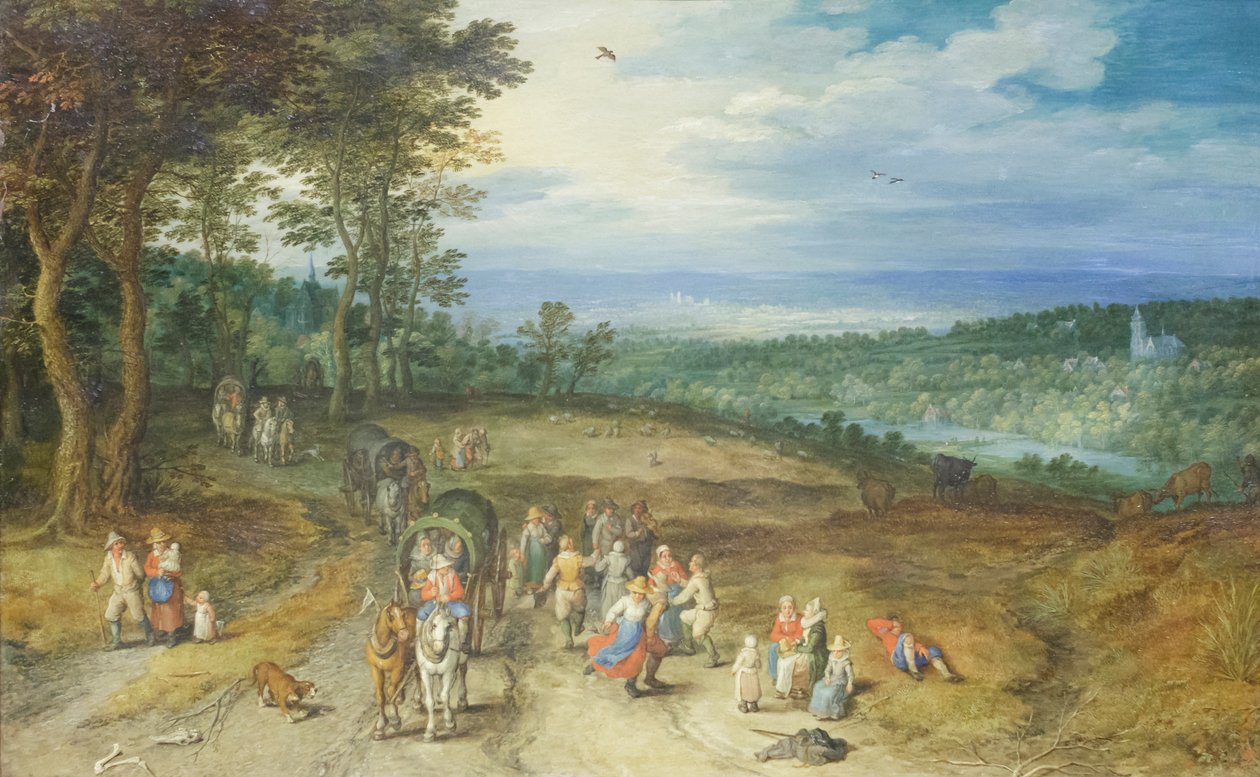Tájkép utazókkal és parasztokkal egy úton alkotó: Jan the Elder Brueghel