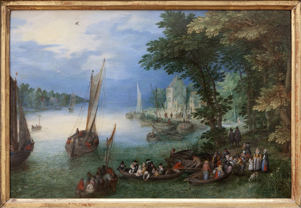 Folyói jelenet vagy a bárka, Jan Brueghel olajfestménye rézre, Brueghel de Velours (1568-1625), 1605 körül. Mérete: 24 x 36 cm. Fényképészet, KIM Youngtae, Nantes, Musee des Beaux Arts de Nantes. alkotó: Jan the Elder Brueghel