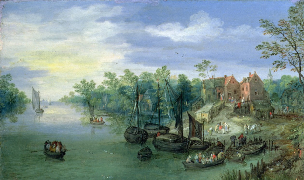 Rivercraft egy móló közelében, 1597 alkotó: Jan the Elder Brueghel