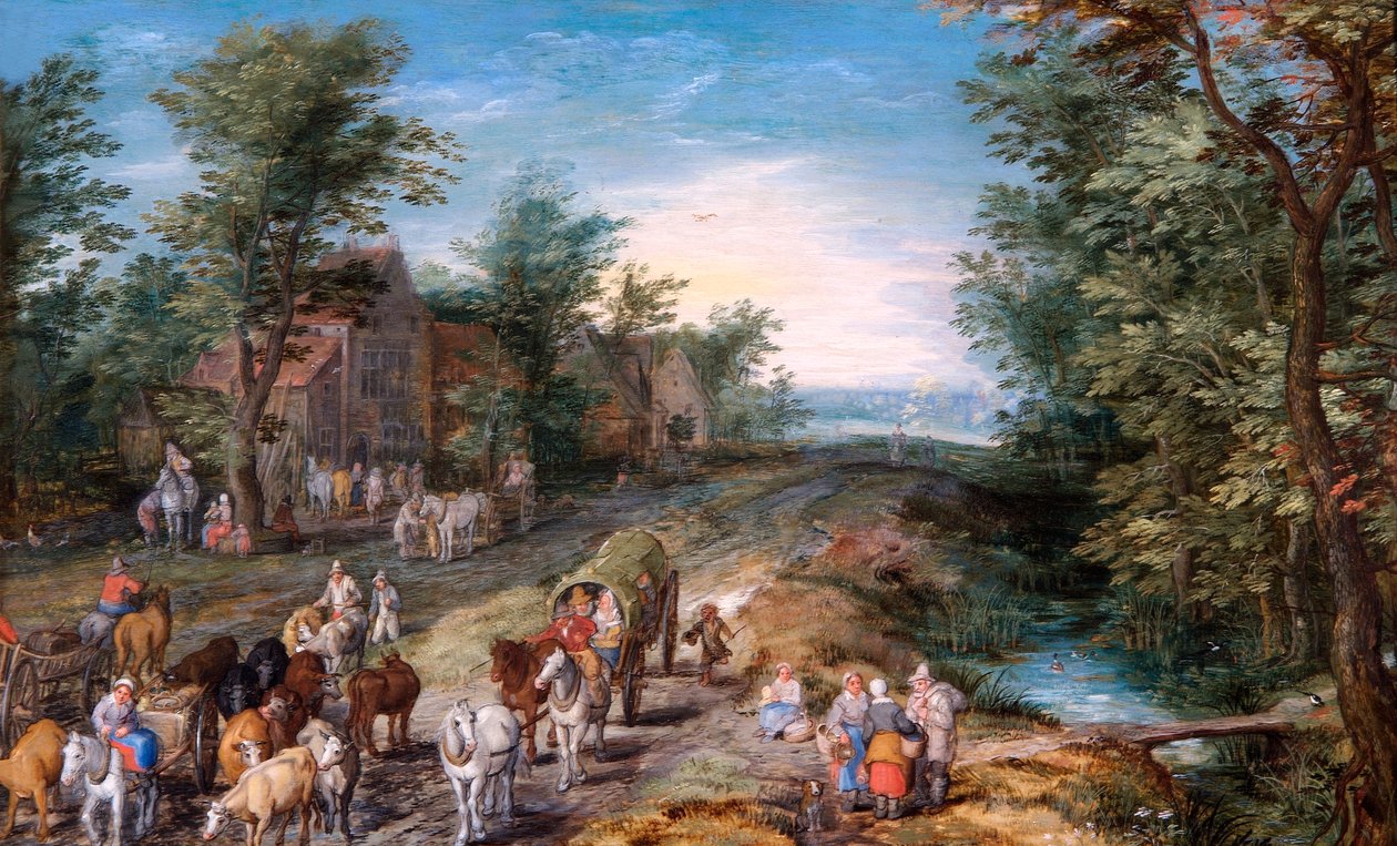 Közúti jelenet utazókkal és szarvasmarhákkal, 1611 körül (olaj, tölgyfa panel) alkotó: Jan the Elder Brueghel