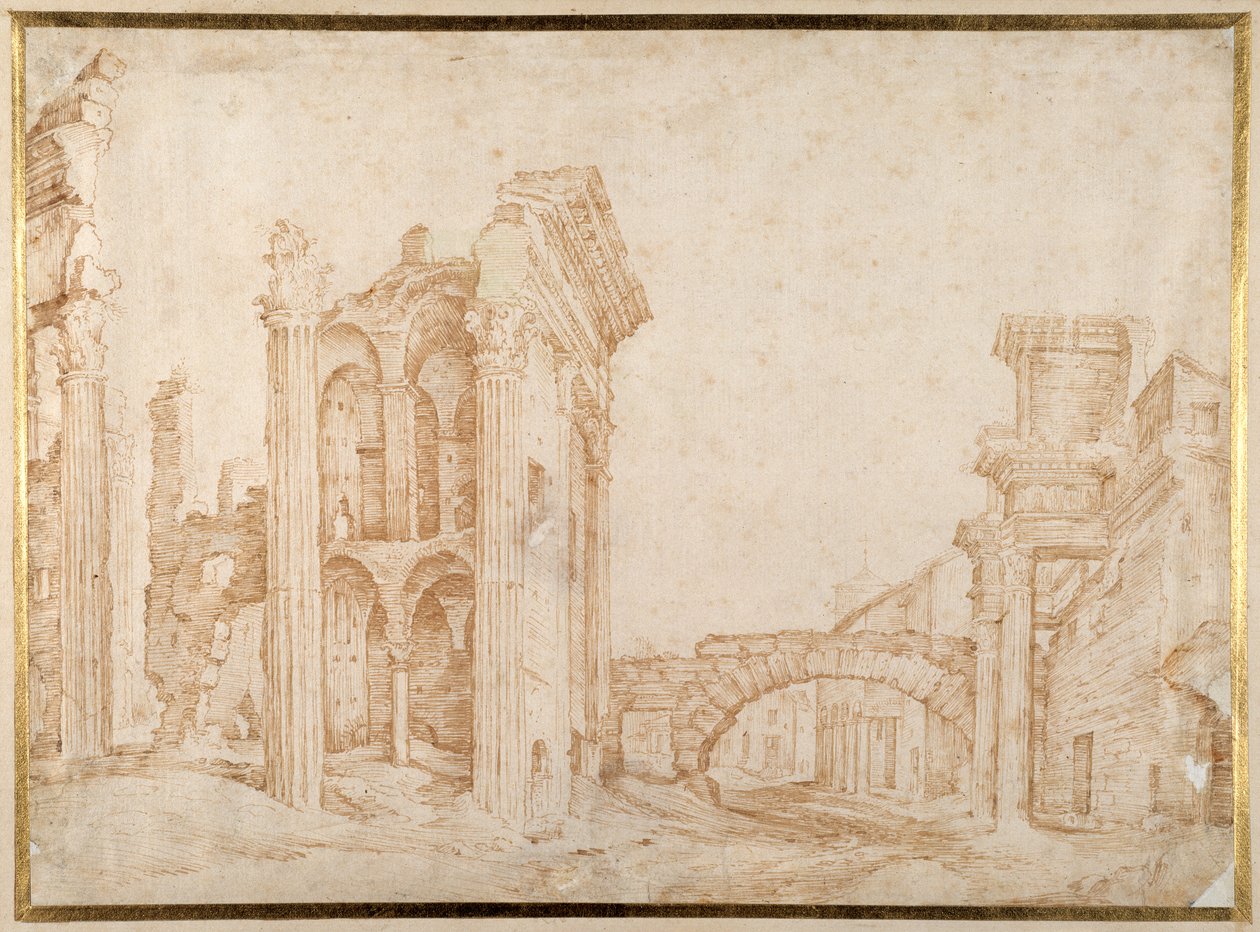 Az ókori Nerva Fórum romjai, Róma ("The Forum Transiterius") a Campanile SS távolában. Quirico és Giuletta (toll és tinta papíron) alkotó: Jan the Elder Brueghel