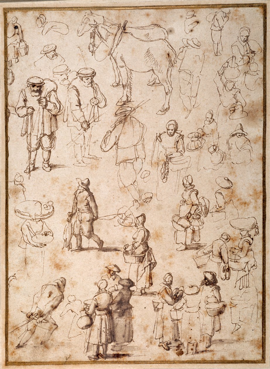Tanulmányok parasztokról az életből (toll és tinta mosással papíron) alkotó: Jan the Elder Brueghel