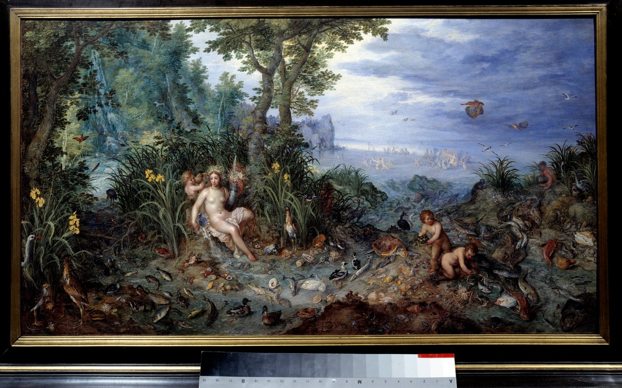 A négy elem: „Víz” allegória. Fiatal nő kacsa, hal. Jan Brueghel festménye Le Vieux Brueghel de Velours-nak (Brueghel vagy Brueghel) alkotó: Jan the Elder Brueghel
