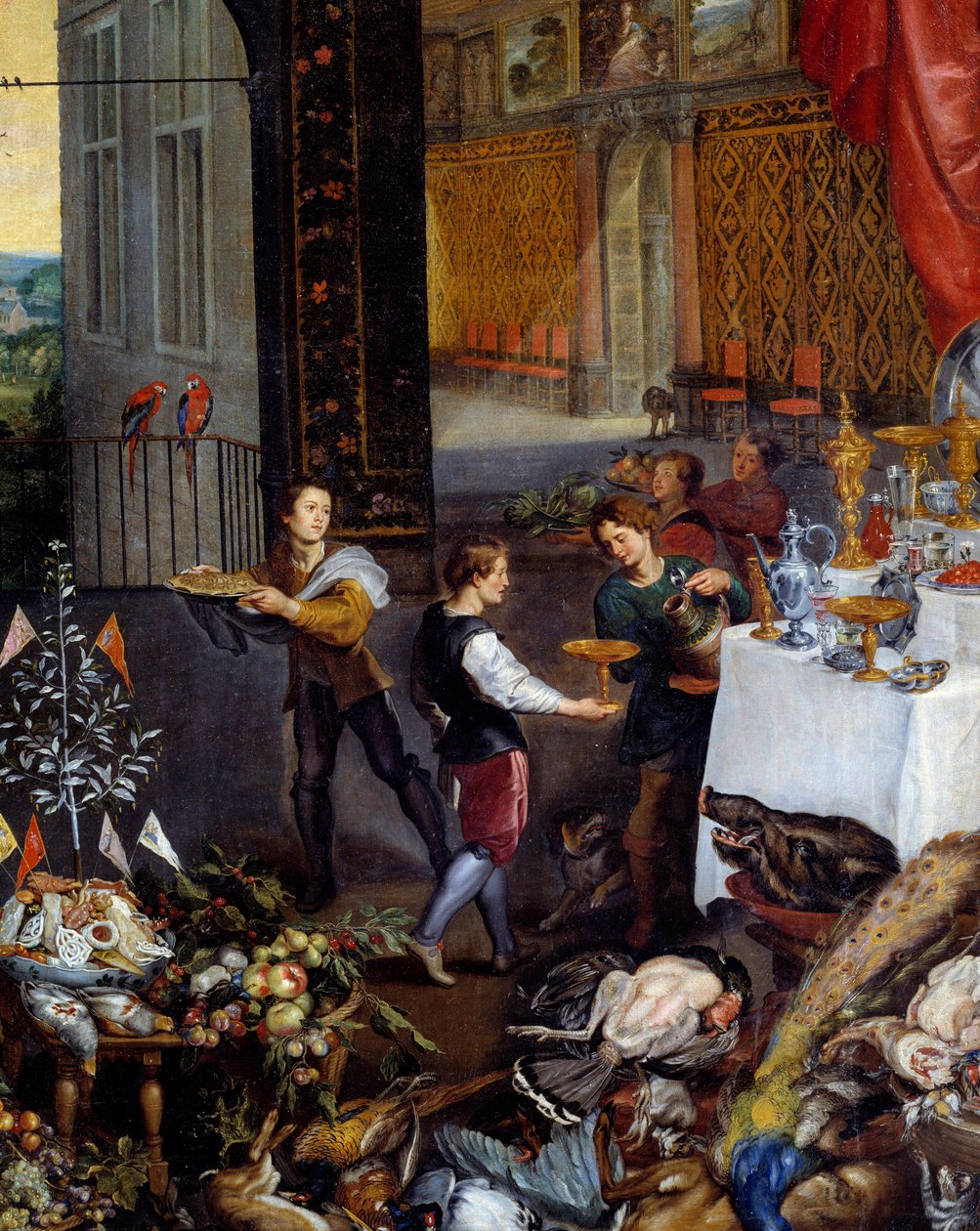 Az íz. Részlet a vadételeket, baromfit hozó szolgálókról egy banketten. Jan Brueghel Le Vieux festménye Brueghel de Velours-nak nevezi alkotó: Jan the Elder Brueghel