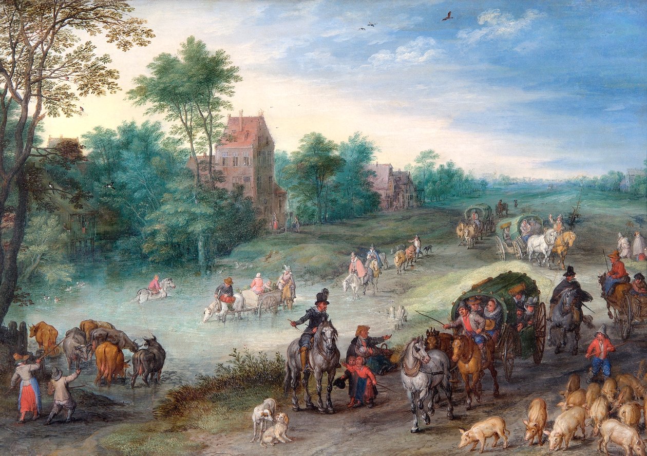 Utazók egy országúton, marhákkal és disznókkal alkotó: Jan the Elder Brueghel