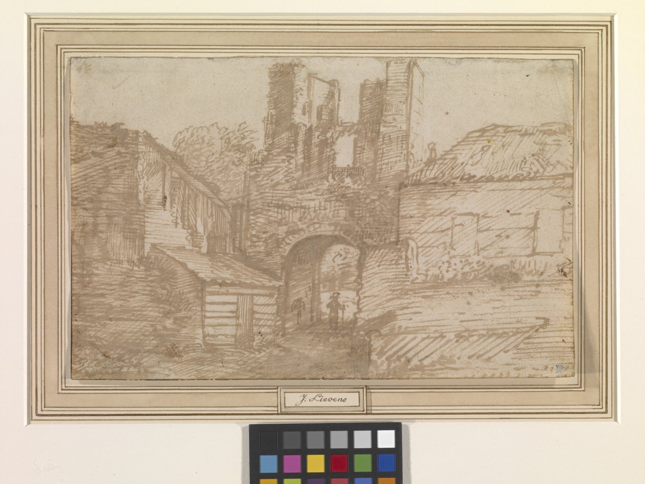 A Brederode-kastély romjainak külső kapuja (toll és barna tinta törtfehér papírra) alkotó: Jan the Elder Lievens