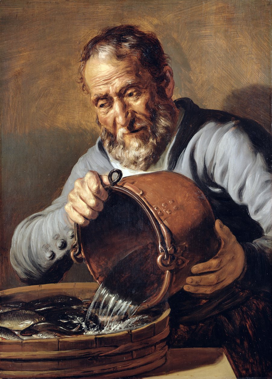 Víz és öregség: Halkereskedő vödörrel és halak kádjával, 1623-5 alkotó: Jan the Elder Lievens