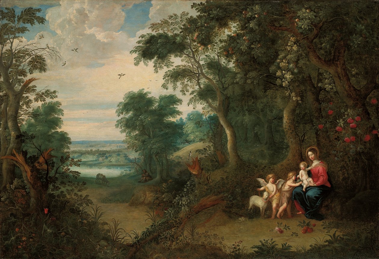 Erdős táj a Szűzanyával és Gyermekével, Keresztelő Szent János csecsemővel és egy angyallal alkotó: Jan Brueghel the Younger