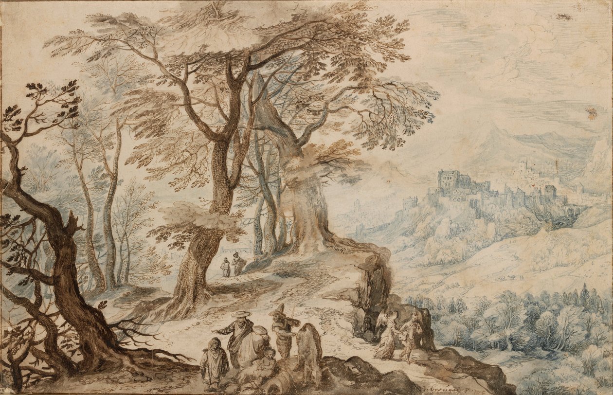 Táj Tóbiással (Tobie) és az angyallal - Peinture de Jan Brueghel ifjabb (1601-1678) - 1596 - Toll, ecset, barna színű, fekete kréta, vízfesték papíron - 20,2x31,3 - Szepmuveszeti Múzeum, Budapest alkotó: Jan the Younger Brueghel