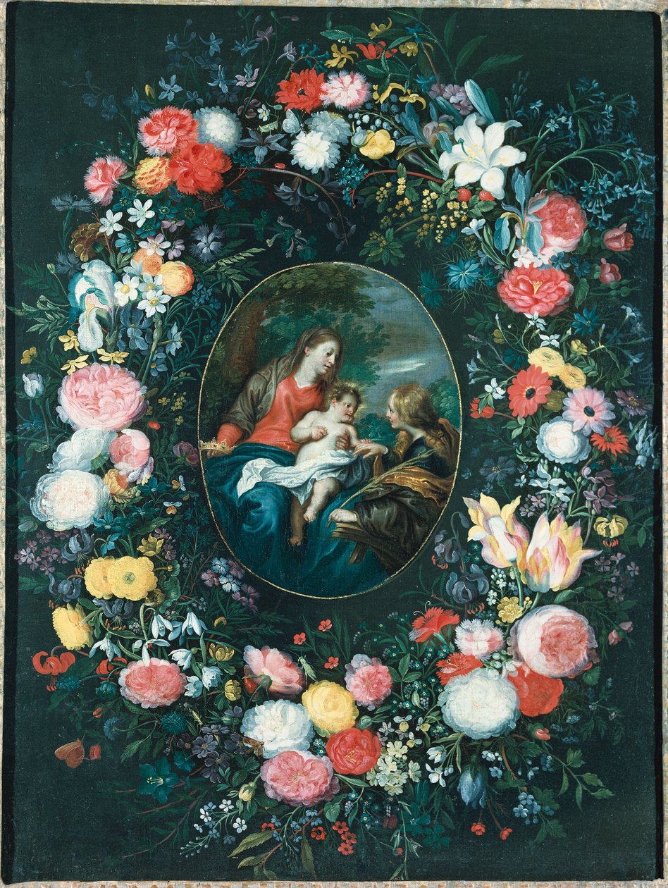 Szent Katalin misztikus házassága egy tájban, virágfüzérrel körülvéve alkotó: Jan Brueghel the Younger
