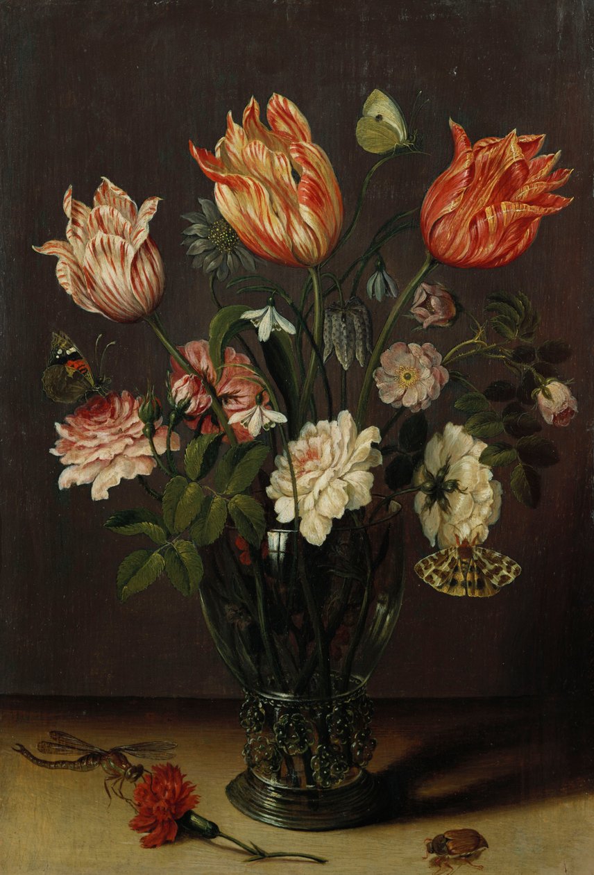 Tulipánok más virágokkal egy pohárban az asztalon alkotó: Jan Brueghel the Younger
