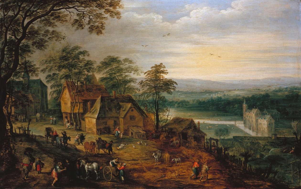 Falu utca figurákkal és szekerekkel, a háttérben egy árkos kastély alkotó: Jan Brueghel the Younger