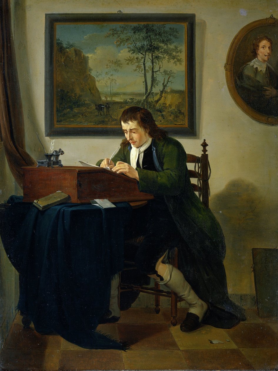 Egy férfi ír az íróasztalánál alkotó: Jan the Younger Ekels