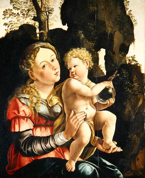 Madonna és gyermeke (olaj, panel) alkotó: Jan van (studio of) Scorel