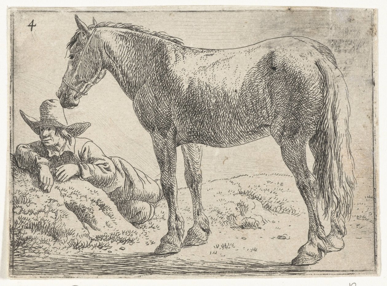 Álló ló pihenő lovassal Tájképek lovakkal (sorozat címe) alkotó: Jan van Aken