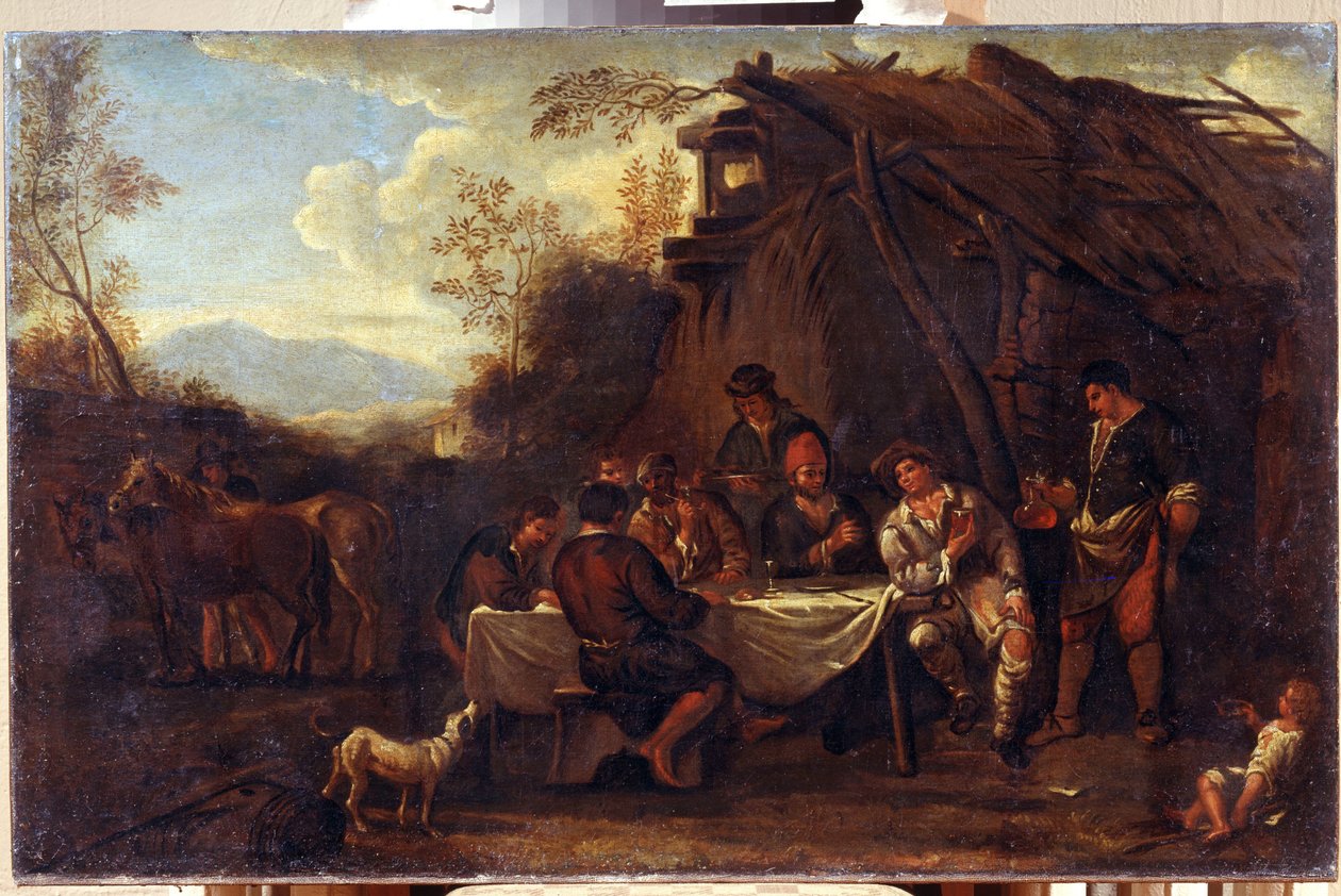 A vidám találkozó (Merrymeeting). Jan Miel (1599-1664) festménye. Flamand barokk stílusú művészet. Olajfestmény. Regionális I. Kramskoi Művészeti Múzeum, Voronyezs (Voronyezs, Oroszország). alkotó: Jan van Bike Miel