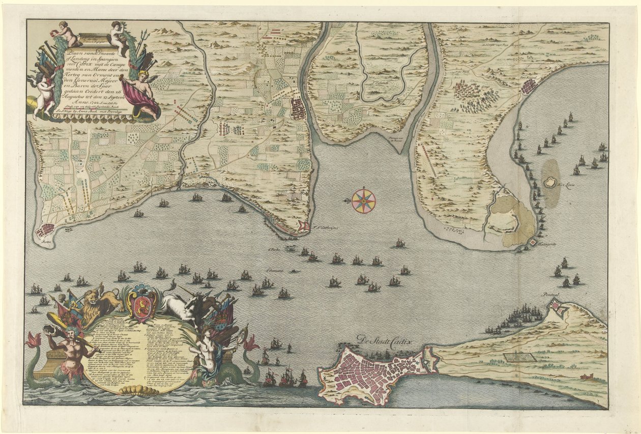 A szövetségesek partraszállásának és expedíciójának térképe Cadizban, 1702 Ormont hercege, valamint de Spar Ceedert tábornok és báró de Spar Ceedert augusztus 26-án elkészítette a Cadix-i spangieni partraszállási dissante tervet a Campementekkel és Marse-s alkotó: Jan van Call (I)