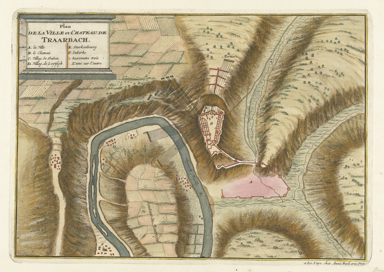 Trarbach község és vár térképe, 1704 Plan de la Ville et: Chateau: de Traarbach (cím a tárgyon) alkotó: Jan van Call (II) (attributed to)