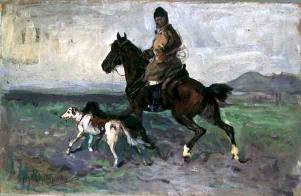 Lovas agárral, 1890 körül (olaj a fedélzeten) alkotó: Jan van Chelminski
