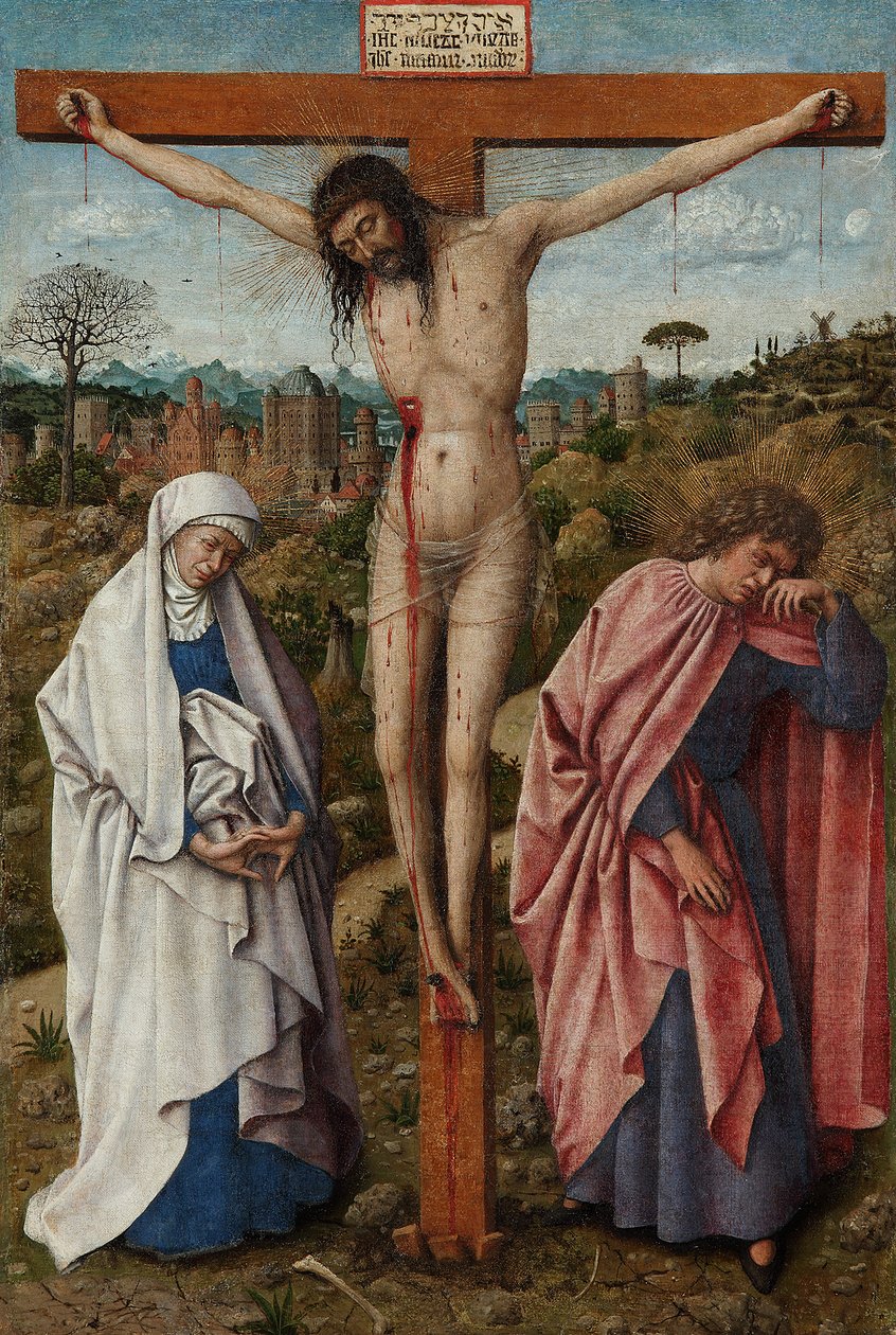 Német: Die Kreuzigung Christi Krisztus a keresztfán a Szűzanyával és Szent Jánossal alkotó: Jan van Eyck