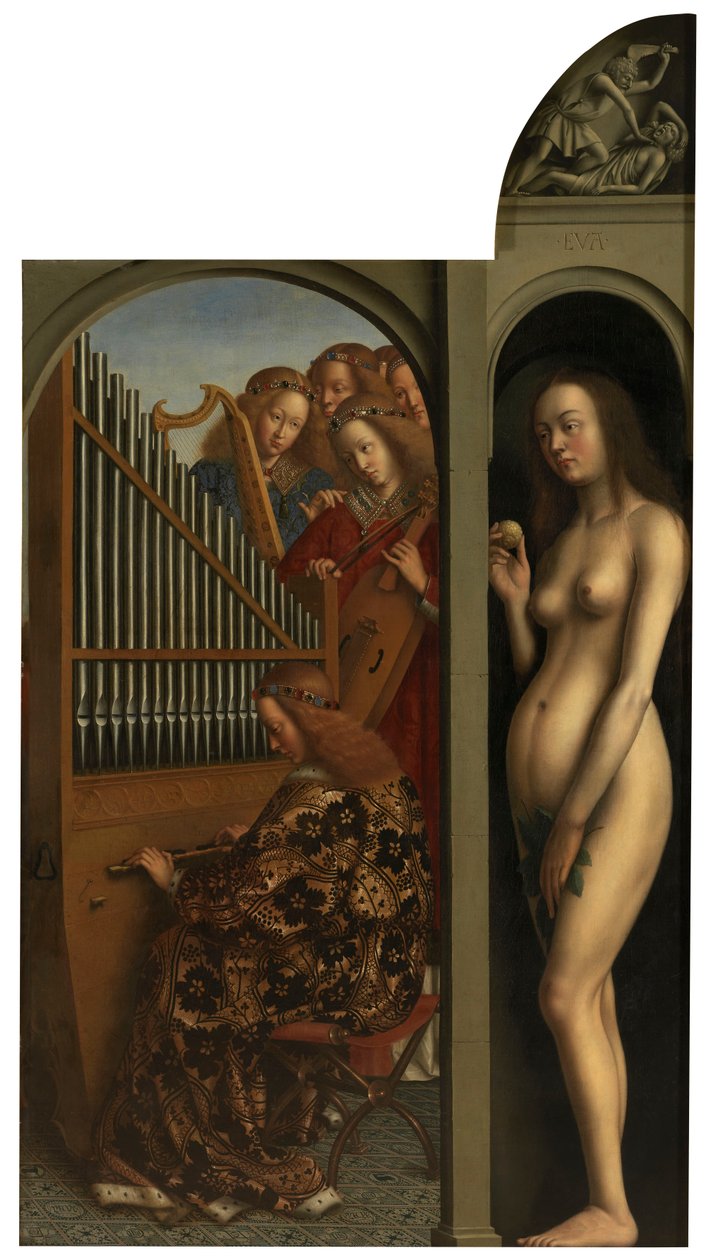 Zenélő angyalok és Éva alkotó: Jan van Eyck
