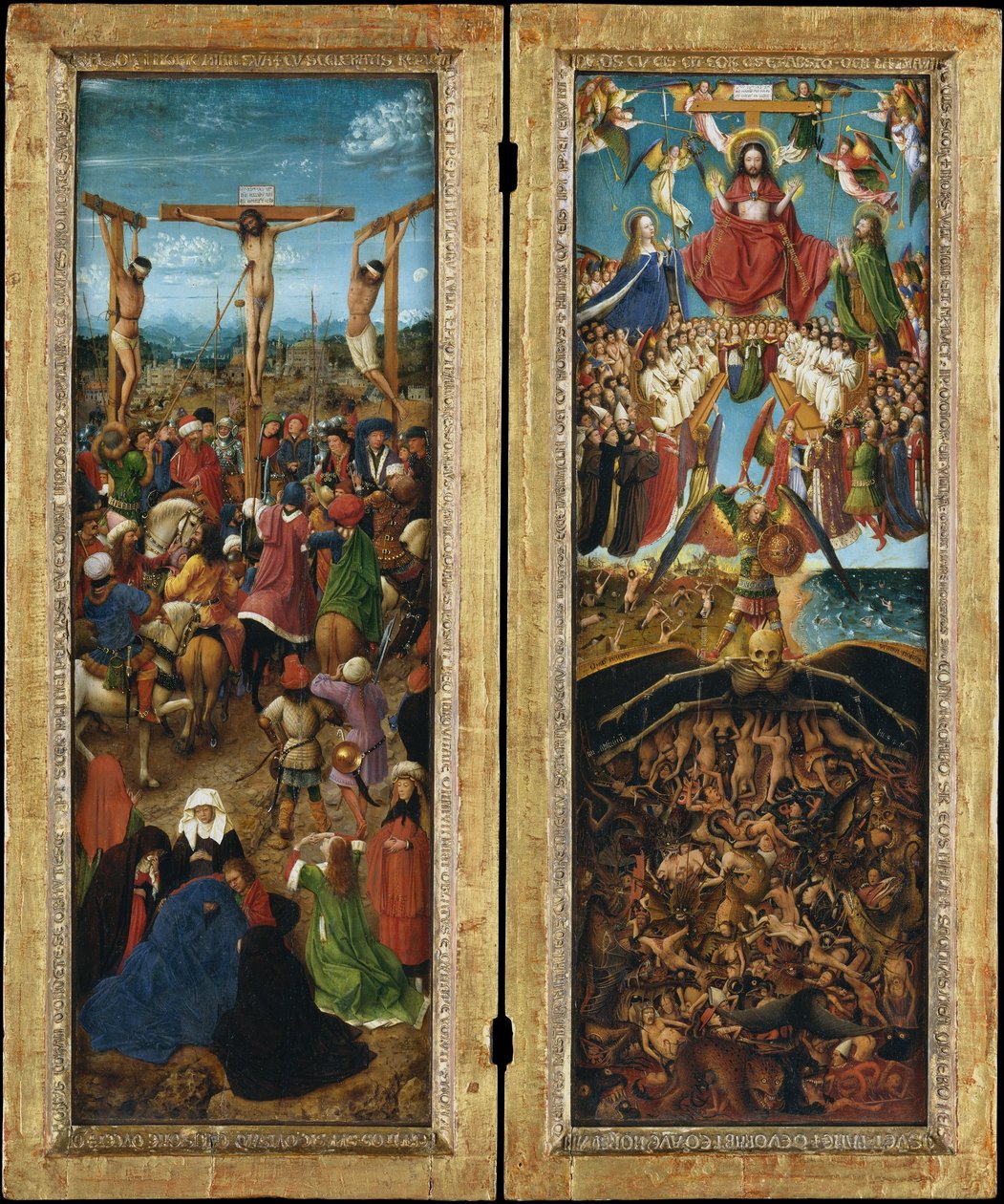 A keresztre feszítés; Az utolsó ítélet, 1440-41 körül (fáról átvitt olaj, vászon) alkotó: Jan van Eyck