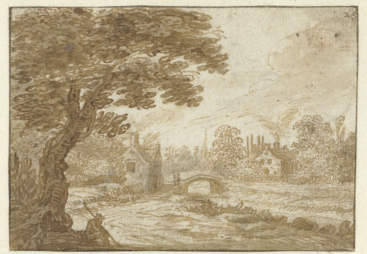 Táj házakkal és egy híddal alkotó: Jan van Goyen (possibly)