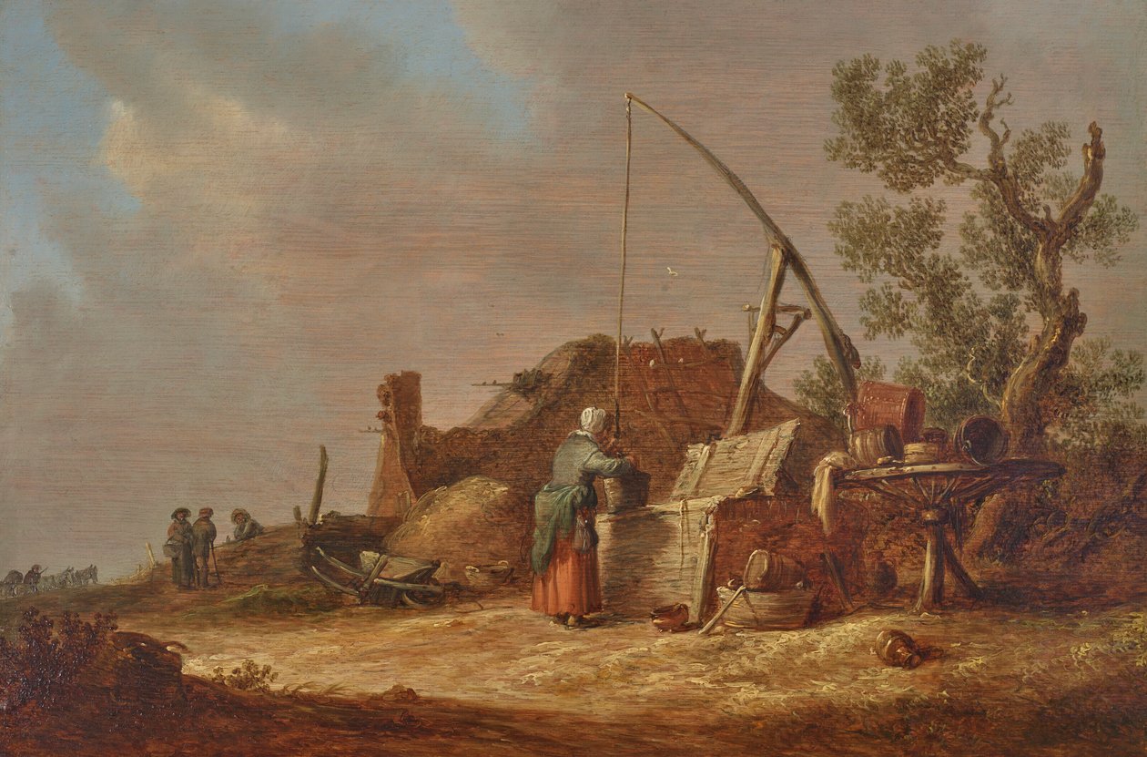 Tájkép egy nővel egy kútnál alkotó: Jan van Goyen