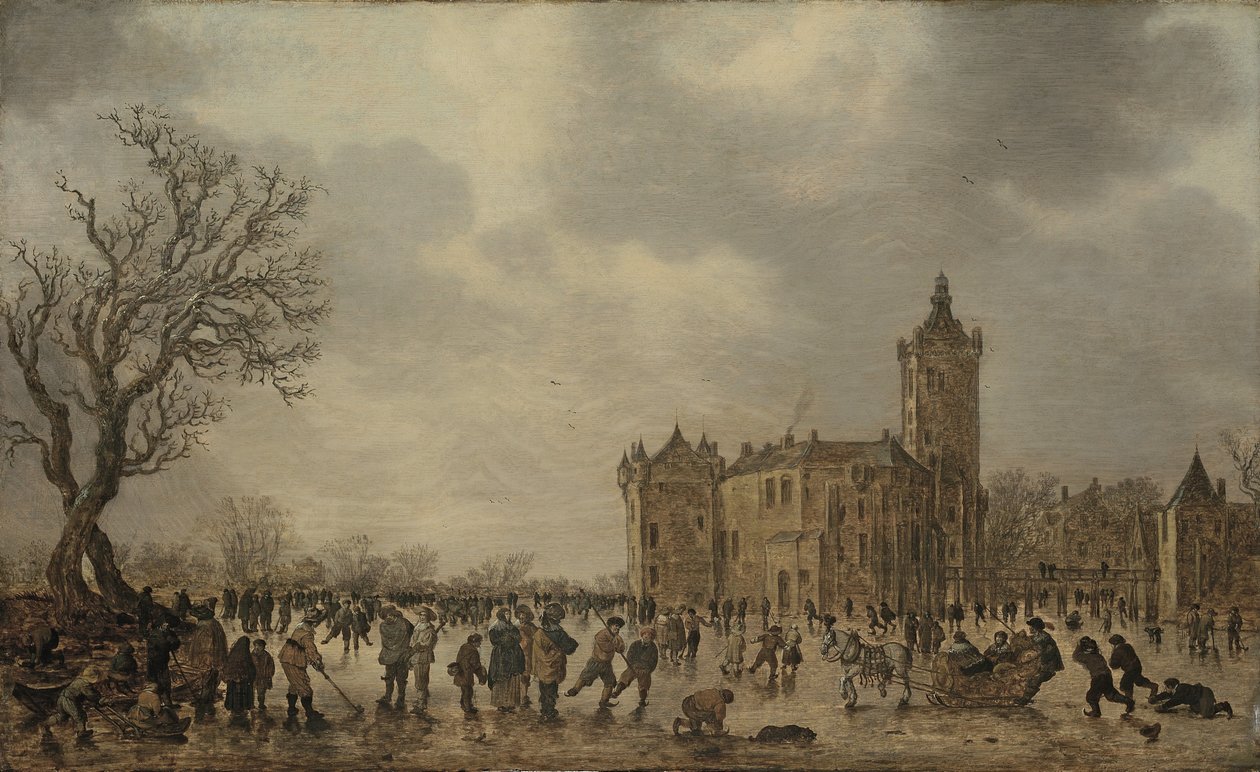 Téli táj a jégen desportáló figurákkal a Montfoort kastély mellett alkotó: Jan van Goyen