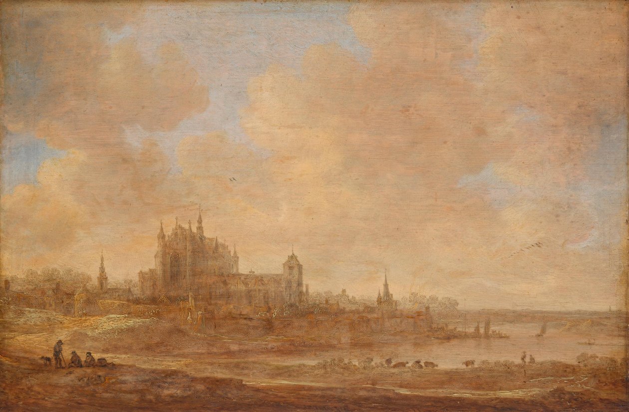 Folyóparti táj a leideni Hooglandse Kerkkel alkotó: Jan van Goyen