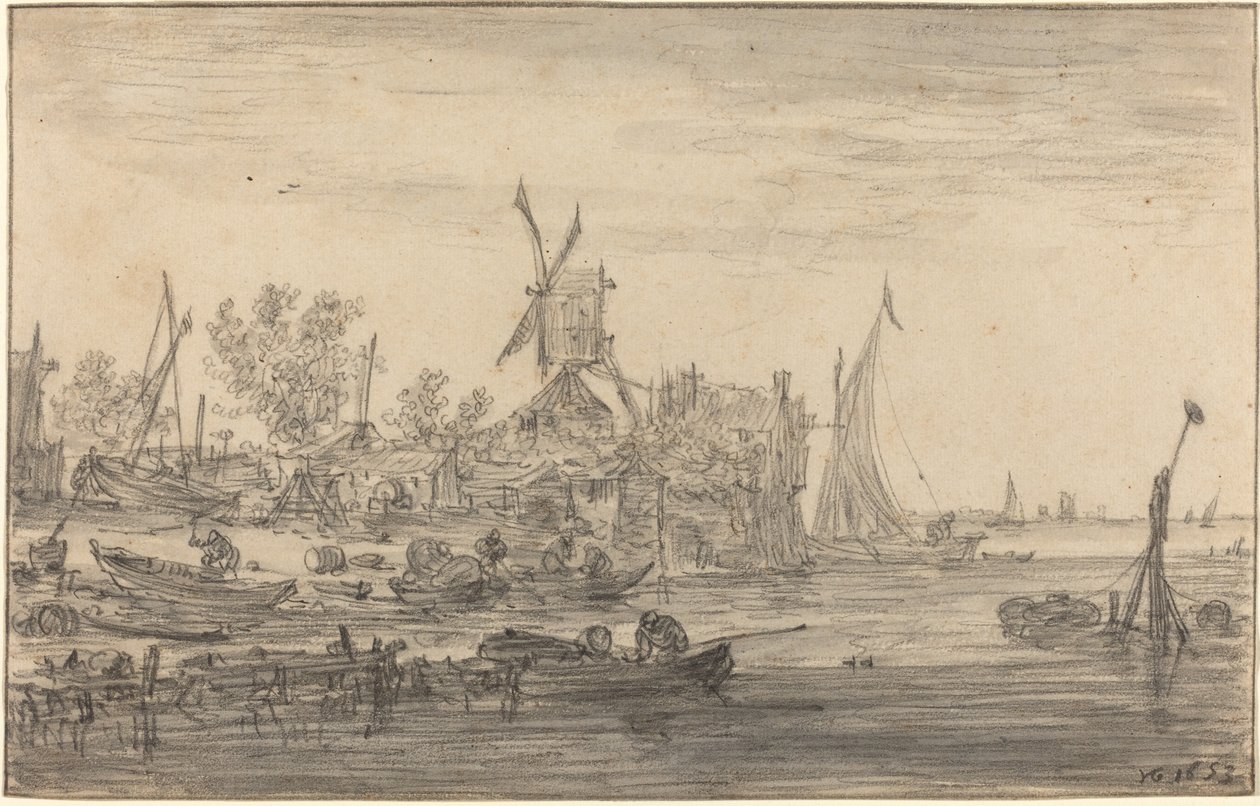 Foreshore jelenet szélmalommal alkotó: Jan van Goyen