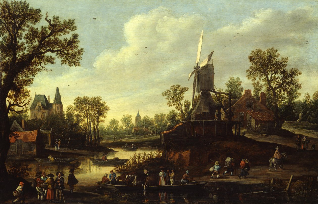 Német: Flusslandschaft mit Fähre Folyami táj komphajóval alkotó: Jan van Goyen