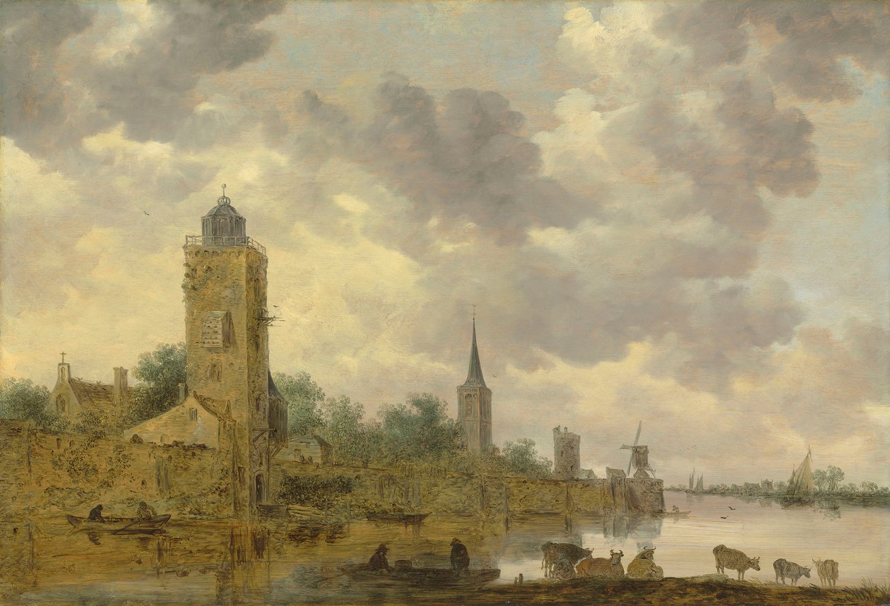 Tájkép városfallal és világítótoronnyal alkotó: Jan van Goyen
