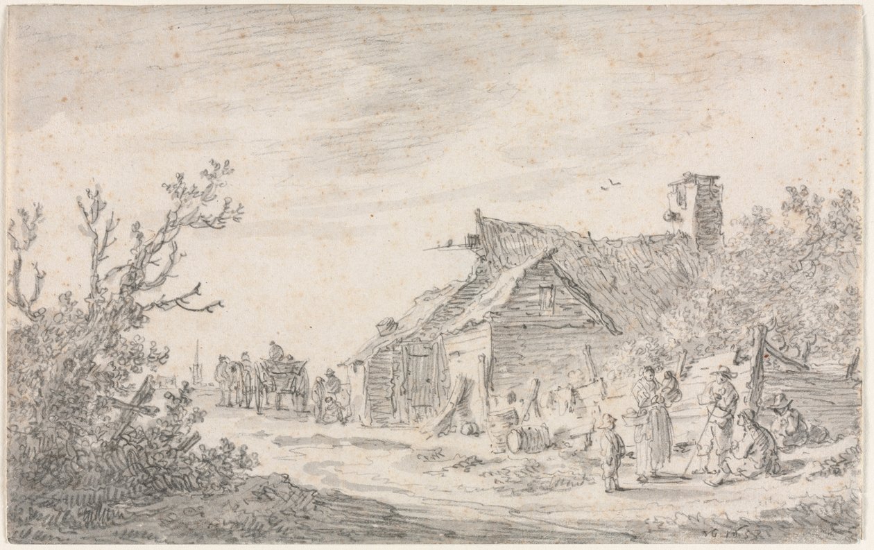 Táj kunyhóval és figurákkal alkotó: Jan van Goyen