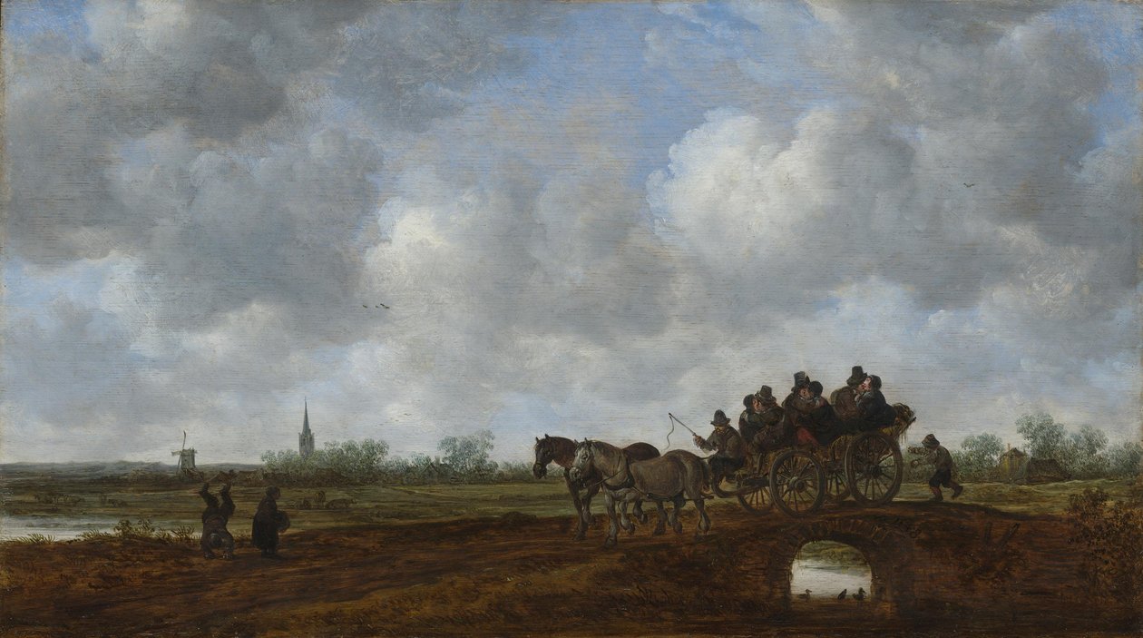 Tájkép lovaskocsival egy hídon alkotó: Jan van Goyen