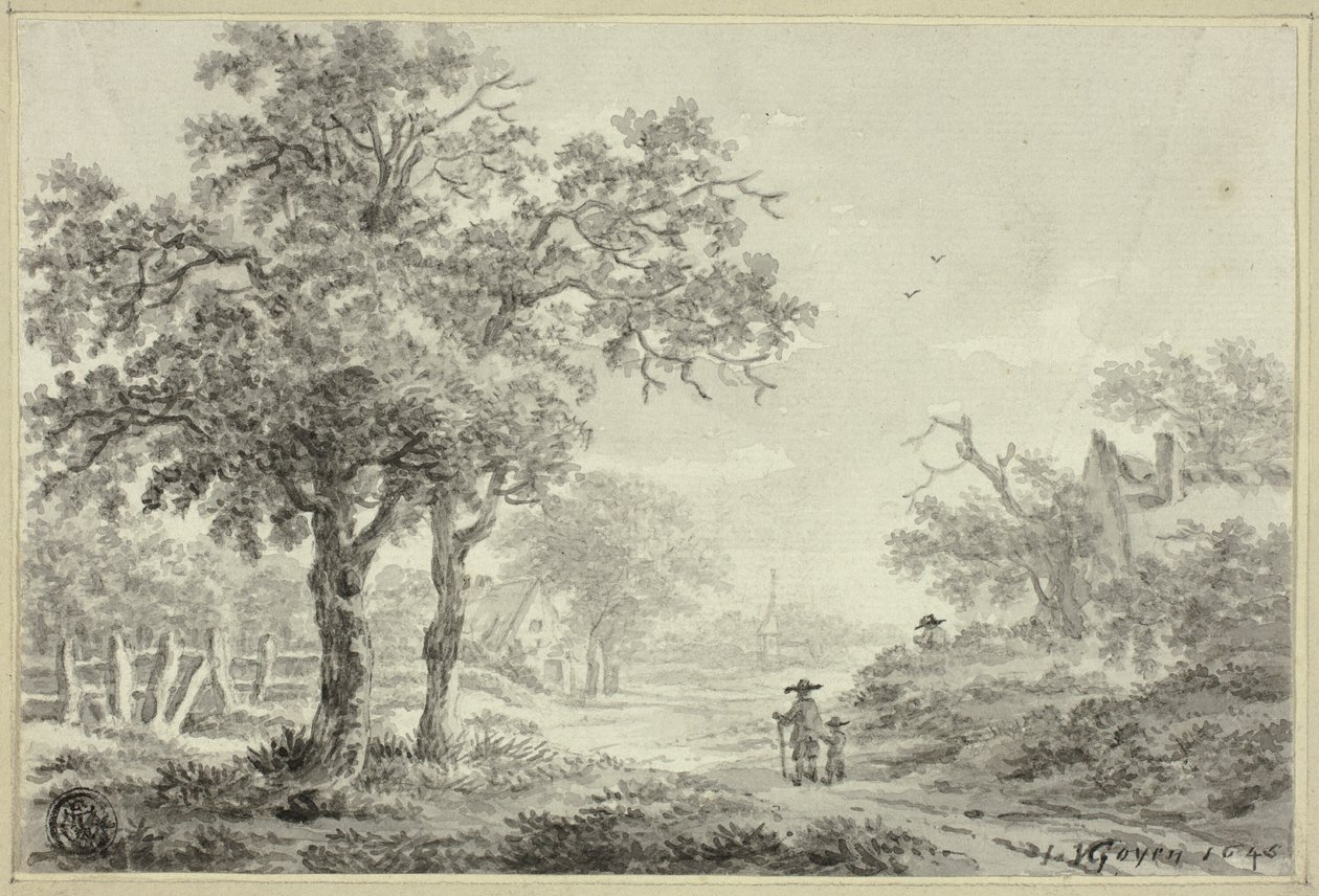 Férfi és fiú sétál a falusi úton alkotó: Jan van Goyen